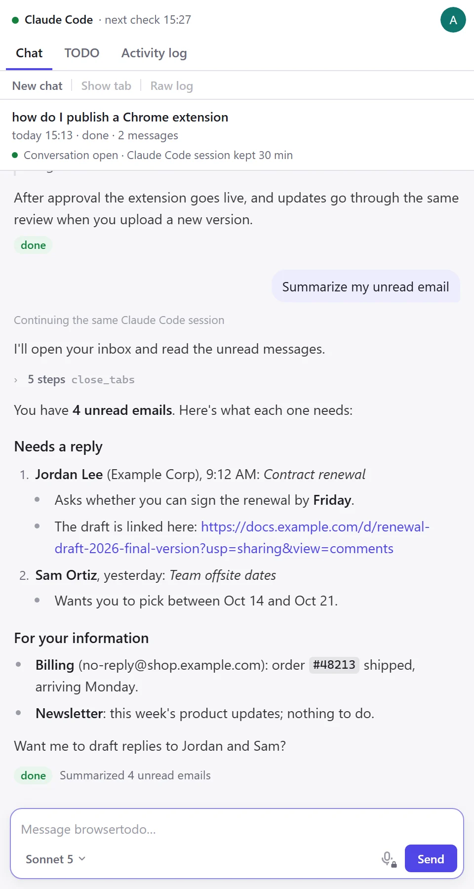 The side panel's answer to “Summarize my unread email”: four unread emails, two that need a reply with what each sender asks, and two for information, then an offer to draft the replies.