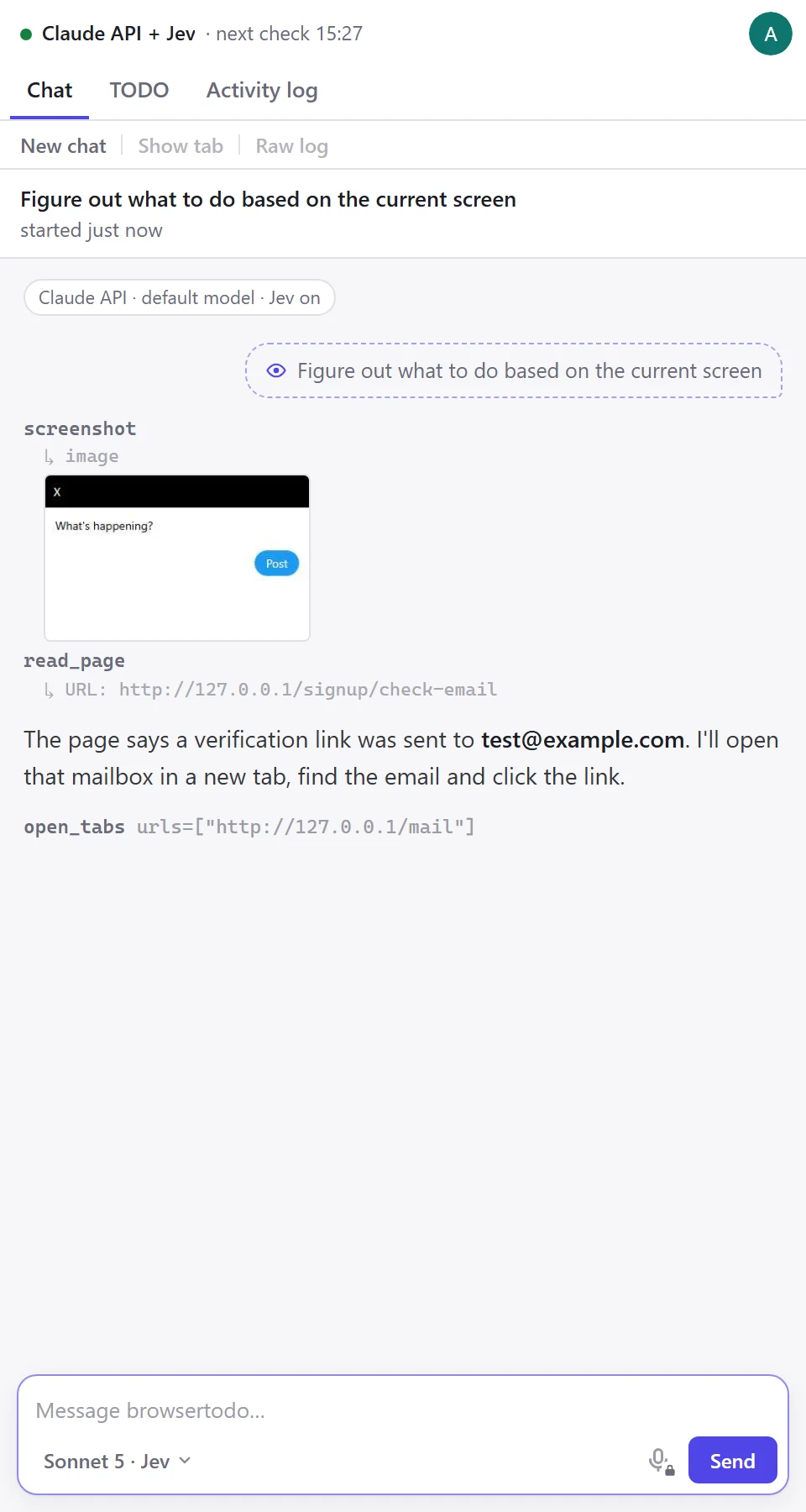The side panel after an empty send: it took a screenshot, read the page, saw that a verification link was sent, and is opening the mailbox in a new tab to click it.